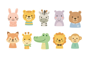 Cute cartoon animal faces: bear, tiger, zebra, hippo, bunny, fox, lion, monkey, giraffe, crocodile.