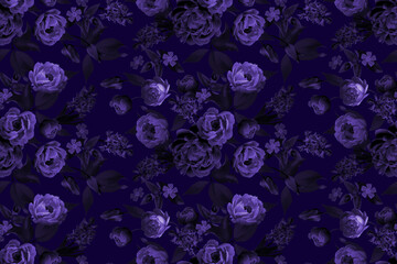 Floral seamless pattern. Vintage Spring Flower illustration. Peonies and Hyacinths in Full Bloom. Luxurious garden flowers on black background. Template for textiles, wallpaper, wrapping