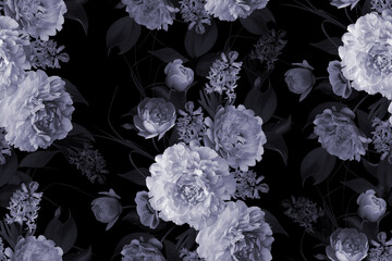 Vintage Floral seamless pattern. Black and white Spring Flower illustration. Peonies and Hyacinths in Full Bloom. Luxurious garden flowers on black background. For textiles, wallpaper, wrapping paper