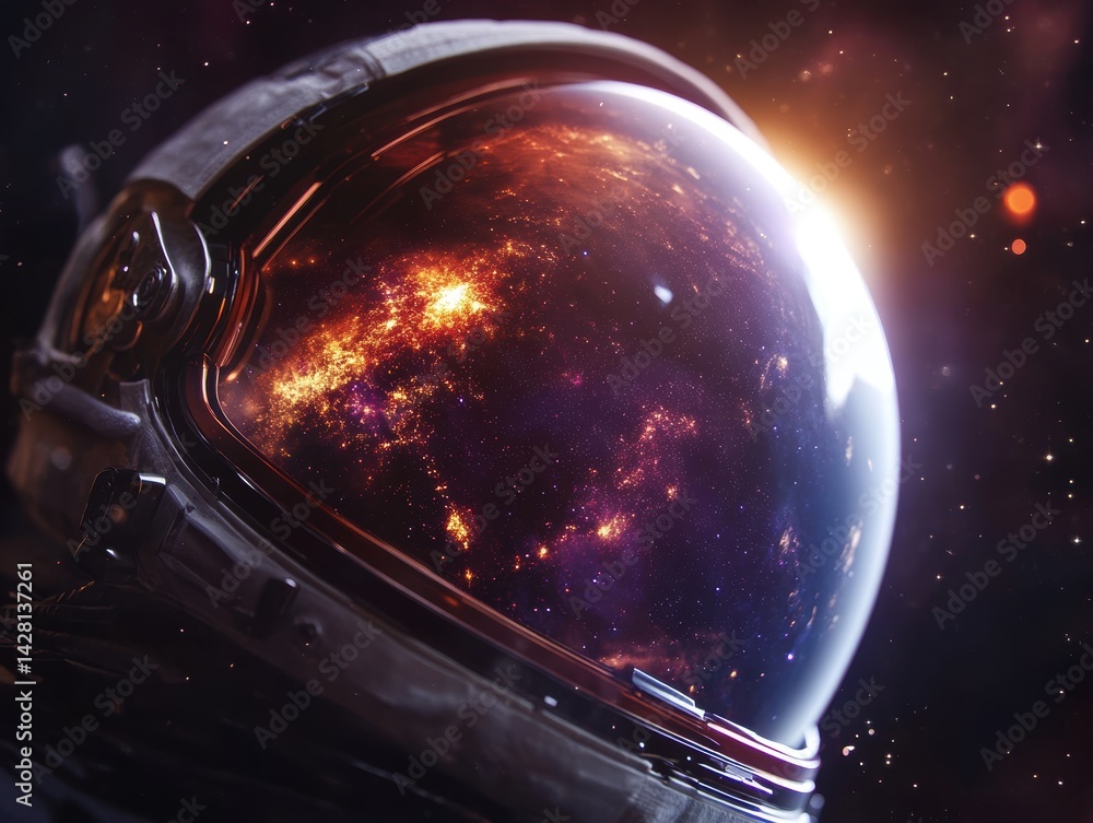 Poster close-up view of an astronaut's helmet reflecting a cosmic scene with stars and nebulae in deep spac
