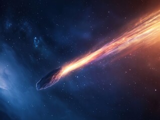 Comet streaking through space with an icy core leaving a vibrant trail in the cosmos