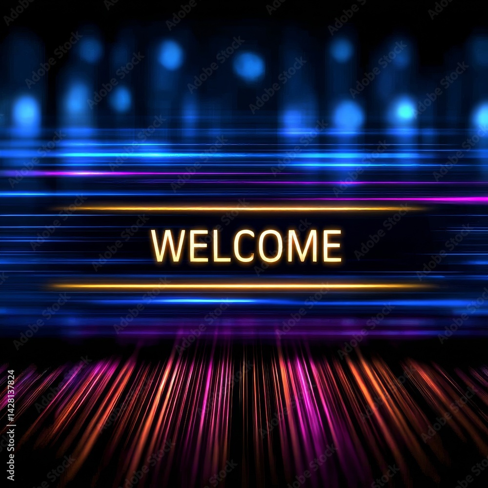 Aufkleber Vibrant Welcome: A Digital Scene with Glowing Lines, Abstract Lights and a Bold 
