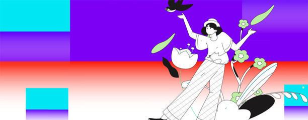 Vector flat illustration of characters in spring
