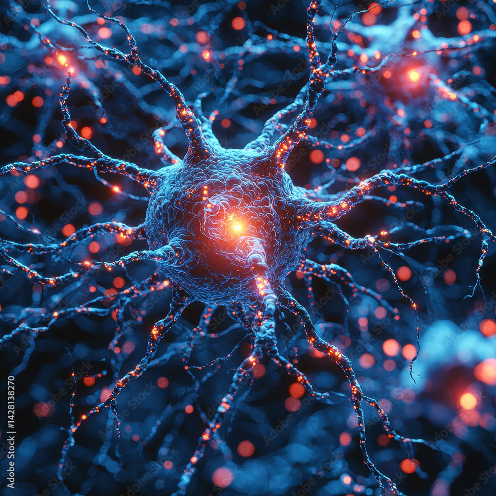 Poster exploration of a neuron structure highlighting its complex networks and vibrant activity in a micros