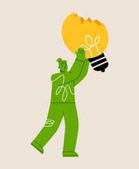 Idea finding. Woman is holding a broken light bulb. Colorful vector illustration