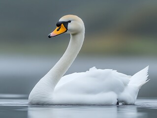 Obraz premium Elegant White Swan Swimming Calmly on Water Surface with Beautiful Reflection