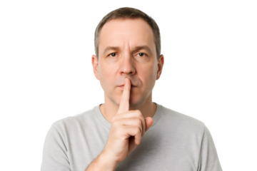 Serious adult man making a silence gesture with his finger on his lips, isolated on transparent background