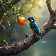 A kingfisher grabbing a fruit from a water-side tree branch