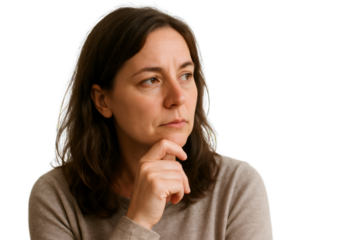 Thoughtful businesswoman is holding her chin and looking away