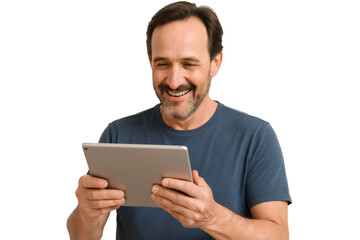 Happy man holding tablet and laughing, isolated on transparent background
