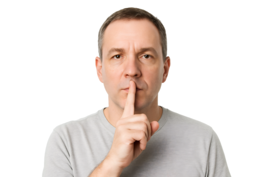 Serious adult man making a silence gesture with his finger on his lips, isolated on transparent background