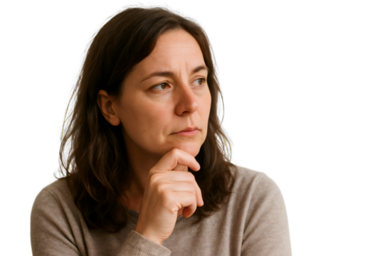 Thoughtful businesswoman is holding her chin and looking away