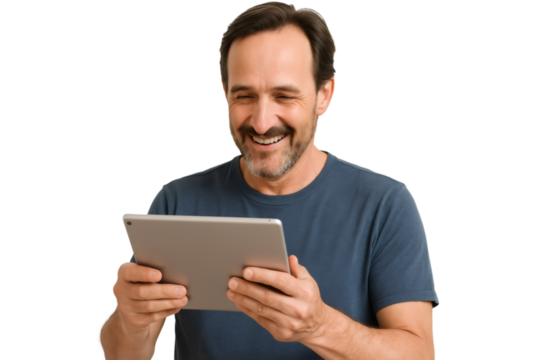 Happy man holding tablet and laughing, isolated on transparent background - Powered by Adobe