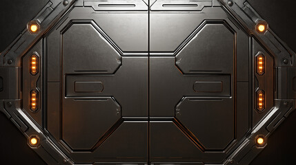 Sci-fi style metallic panel with illuminated LED lines and hexagonal tech engravings, futuristic tone