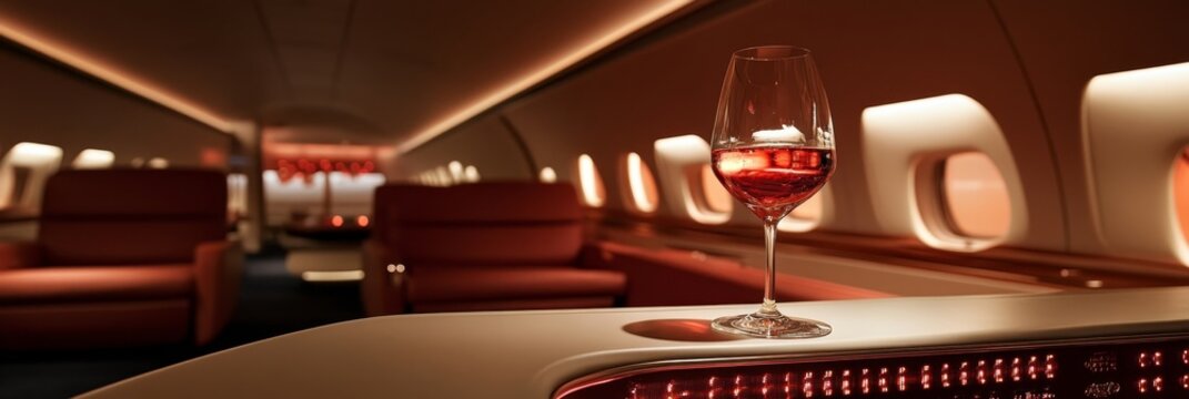 Indulge in the ultimate luxury of private jet travel, sipping wine in a plush cabin atmosphere.