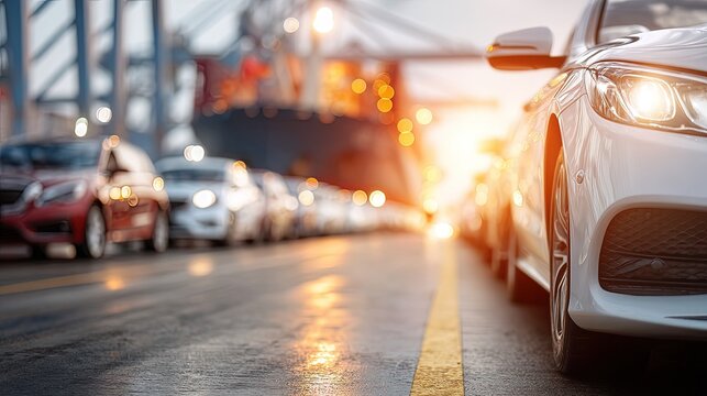 Close-up of cargo ship loaded with new cars at sunset, blurred port cranes in background