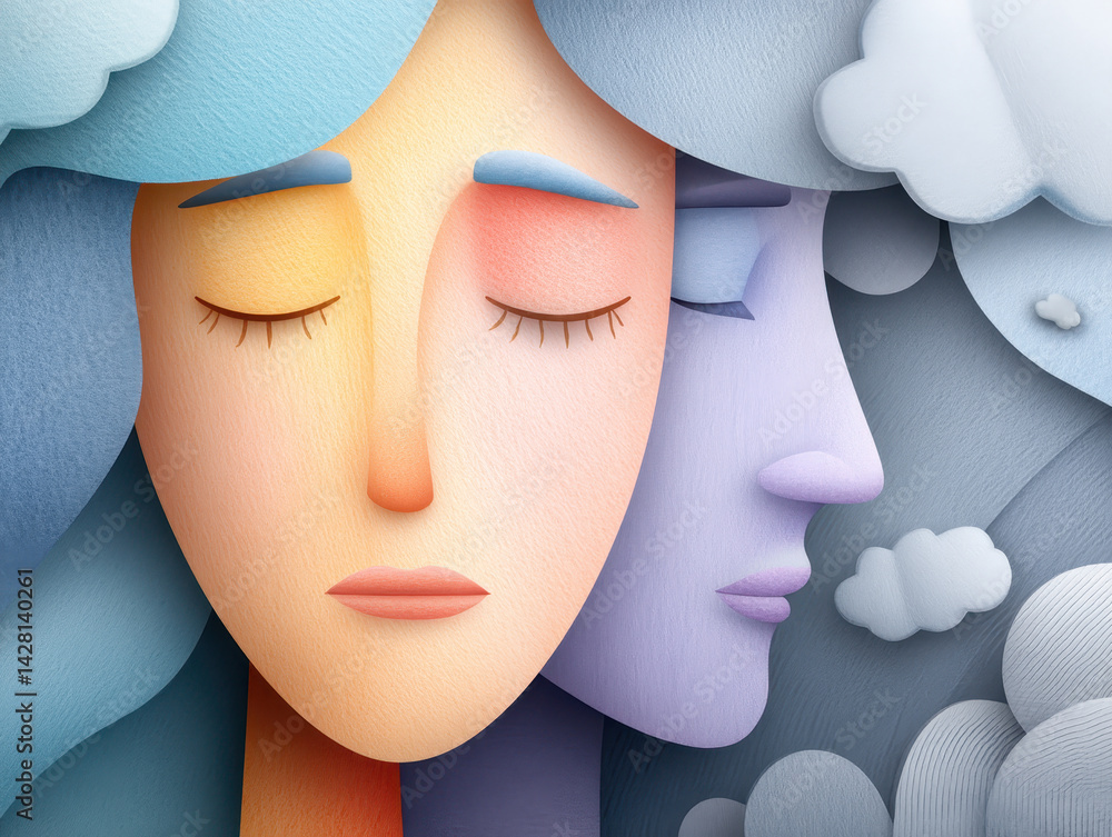 Poster two faces merge in soft colors representing different emotions and states of mind