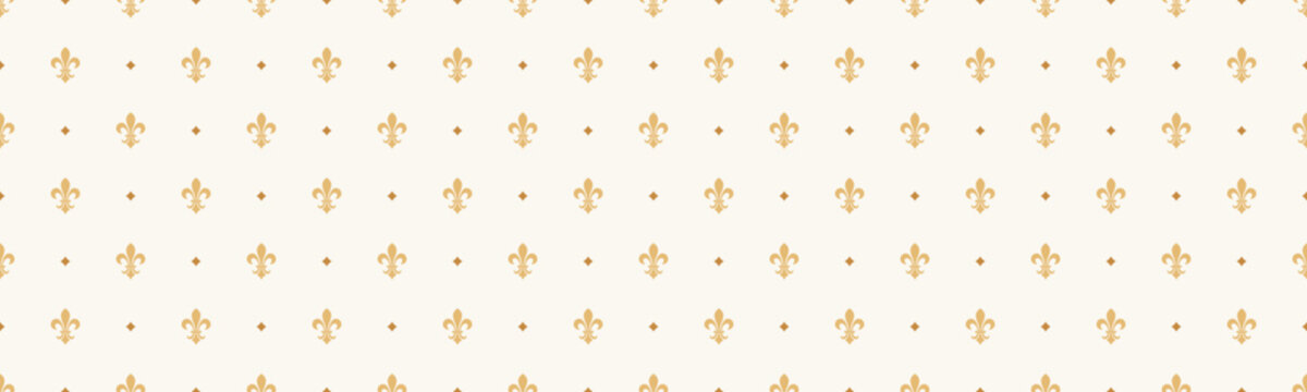 Elegant gold fleurdelis pattern on a creamy white background.  Perfect for wedding invitations, luxury branding, or adding a touch of regal sophistication to any design project.