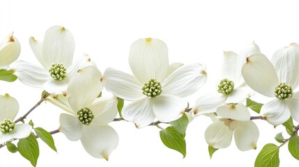 Obraz premium White dogwood blossoms with green foliage against a pristine white background. --