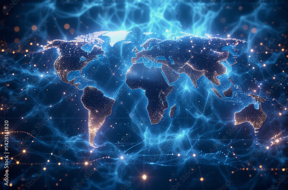 Poster a glowing world map with interconnected light points across continents, symbolizing global digital n