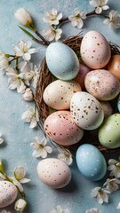 Obraz premium Serene Easter background featuring speckled pastel eggs, white cherry blossoms, textured surface. ample space for adding custom text, logos, design elements, ideal for personalized Easter designs.