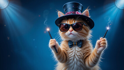 Magician Cat with Tiny Hat and Wand