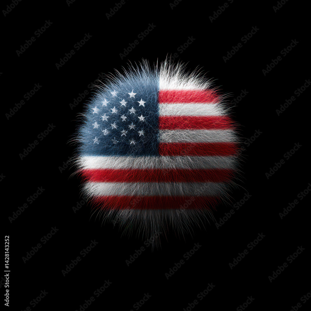 Poster fluffy sphere displaying american flag design on a black background with soft textures