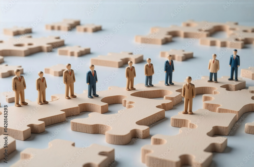 Poster miniature figures stand on scattered jigsaw puzzle pieces, symbolizing teamwork and global collabora