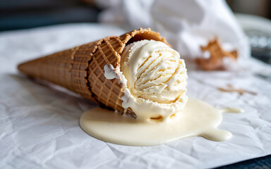 Vanilla Ice Cream Cone Melting On White Paper Sweet Dessert Still Life