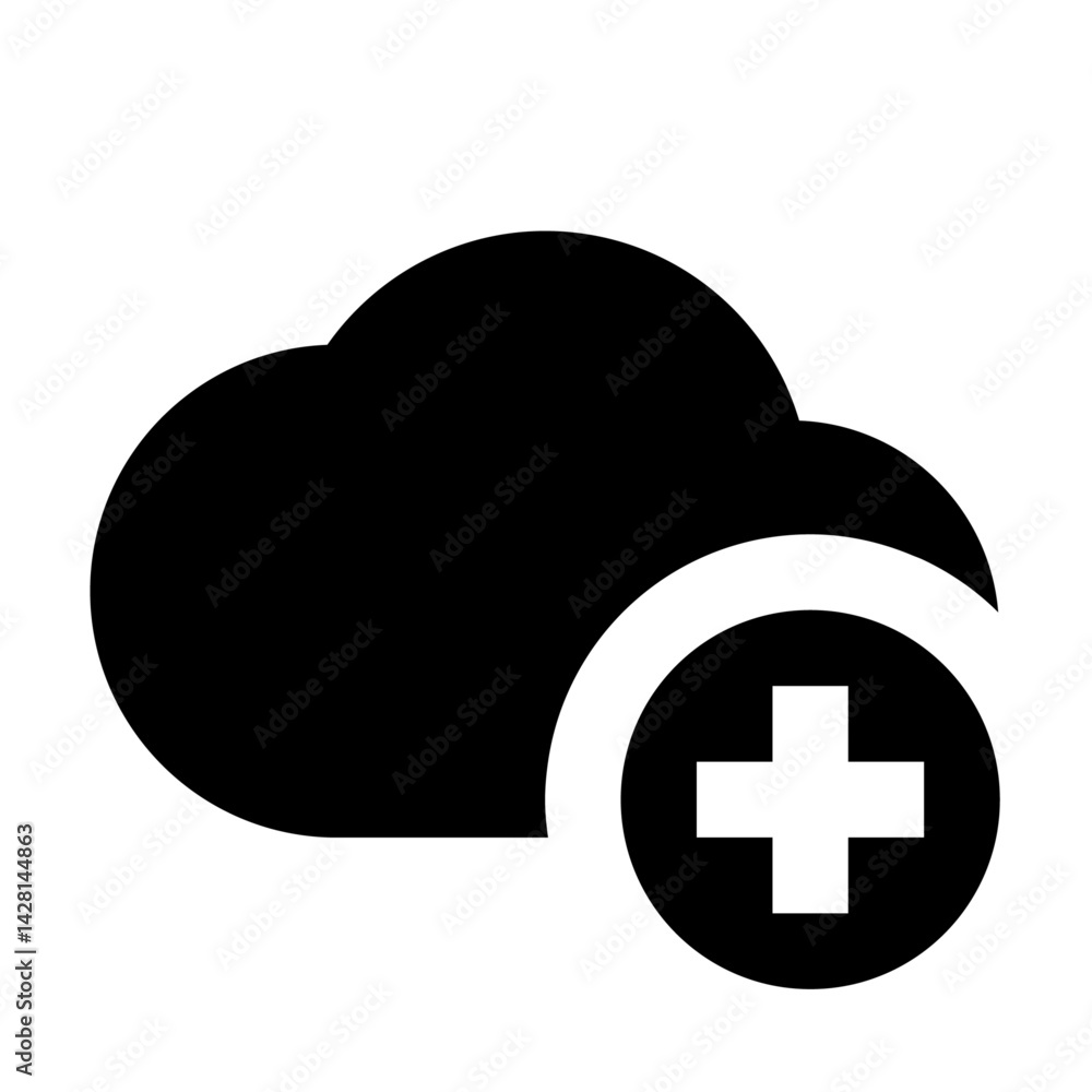 Poster black cloud icon with a plus sign inside a circle indicating adding to cloud storage and data backup