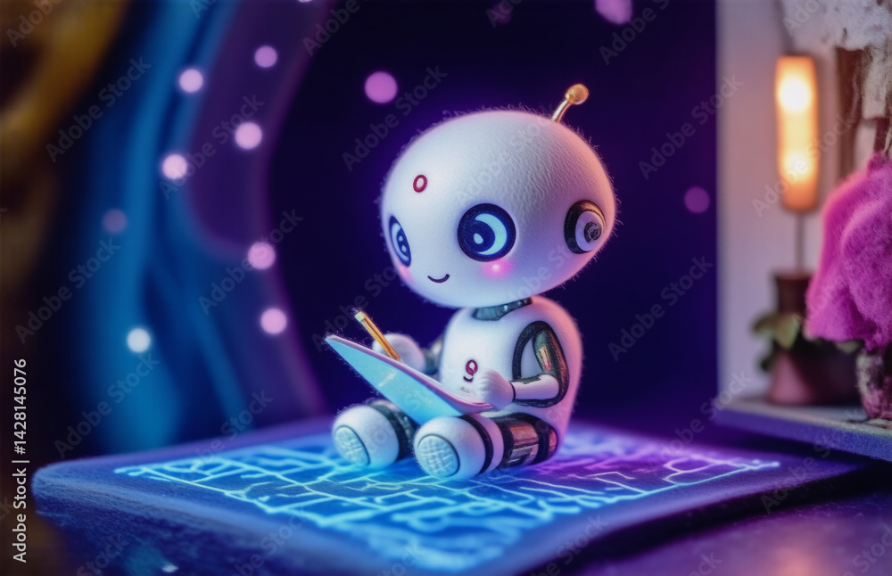 Poster a friendly robot, with a cute appearance, uses a tablet. the robot's features are simple but express