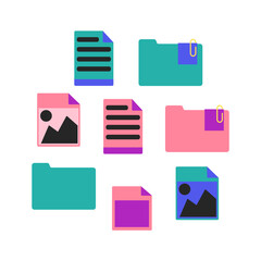 Set of colorful flat style file and folder icons. Includes different file types such as PDF, DOC, JPG, ZIP, and others. Isolated vector illustration for web, apps, infographics, and UI design.
