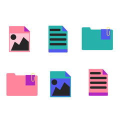 Set of colorful flat style file and folder icons. Includes different file types such as PDF, DOC, JPG, ZIP, and others. Isolated vector illustration for web, apps, infographics, and UI design.