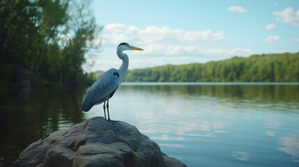 Naklejka premium Serene Heron Perched: A graceful heron stands majestically on a rock at the tranquil waterside, its serene gaze reflecting the beauty of nature under a clear blue sky.