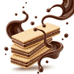 crispy wafer with chocolate Splash, with Clipping path 3d illustration.