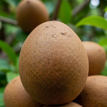 Closeup of Sapodilla Fruits on Tree Branch with Green Leaves Background