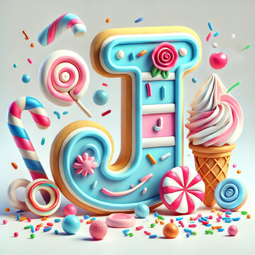 A colorful 3D number 'J' designed as a candy and cake themed artwork. The number is styled like a sugar cookie, decorated with pastel pink and blue sprinkles
