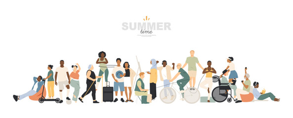 Summer time banner. Different people are engaged in various types of leisure and relaxation. 