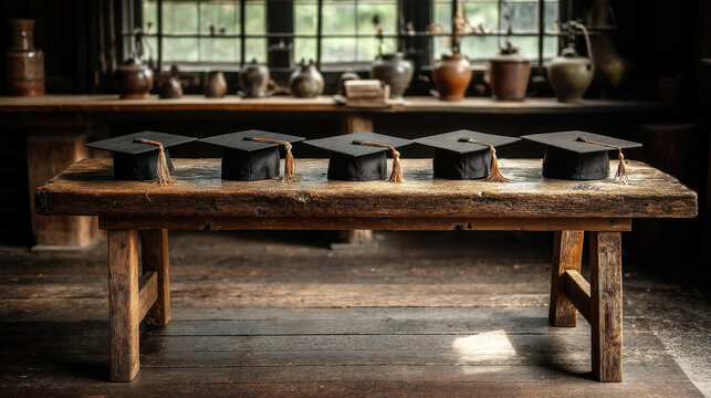 Graduation caps arranged on a rustic wooden table in a dimly lit room with vintage decorations and a nostalgic atmosphere