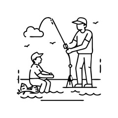 father and son fishing icon, father and son fishing line art - simple line art of father and son fishing, perfect for father and son fishing logos and icons