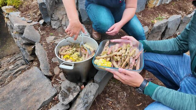 A pot of vegetables cooked on a fire in Camacha mountainous town in municipality of Santa Cruz, Madeira Island, Portugal