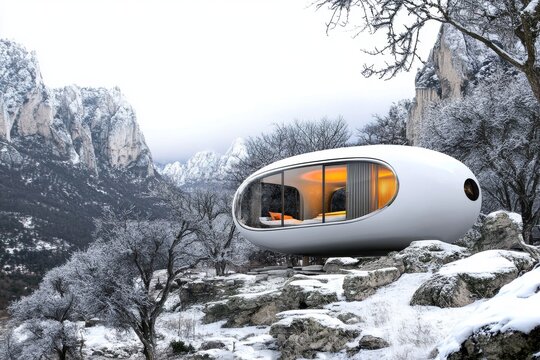 A high-tech camping pod features a holographic campfire, antigravity hammocks, and is situated in an alien mountain range surrounded by bioluminescent flora