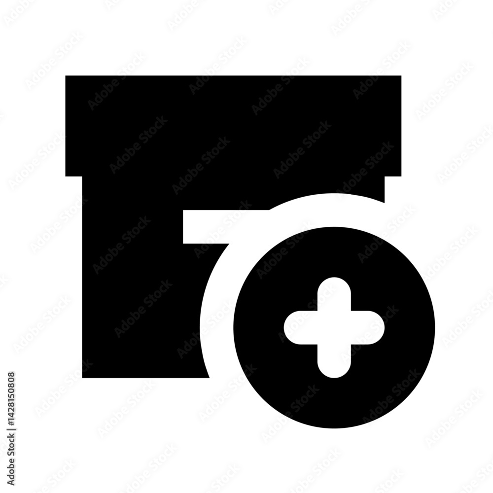 Poster black box with a white plus sign inside a circle overlapping the box representing addition or creati