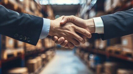 A professional handshake in a warehouse setting.