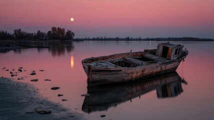 Abandoned wooden fishing boat at sunset on tranquil waters.