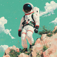 Astronaut exploring rocky terrain against a vibrant sky  