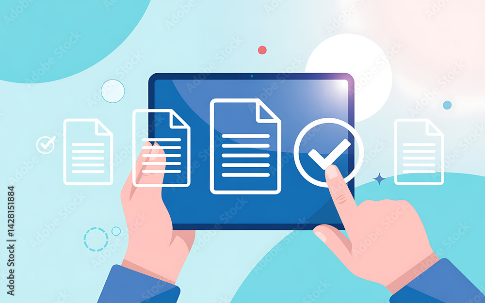 Poster digital document management on tablet with hand gesture vector concept for electronic file managemen