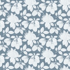 Berry Branch Repeat seamless pattern, delicate seamless pattern featuring white outline drawings of berries and leaves on a textured olive green background