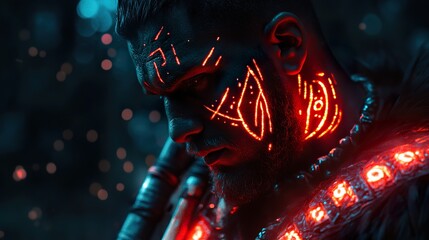 Mythical warrior with glowing tattoos and enchanted weapons