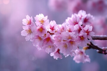 Obraz premium Cherry Blossom on Branch with Water Droplets